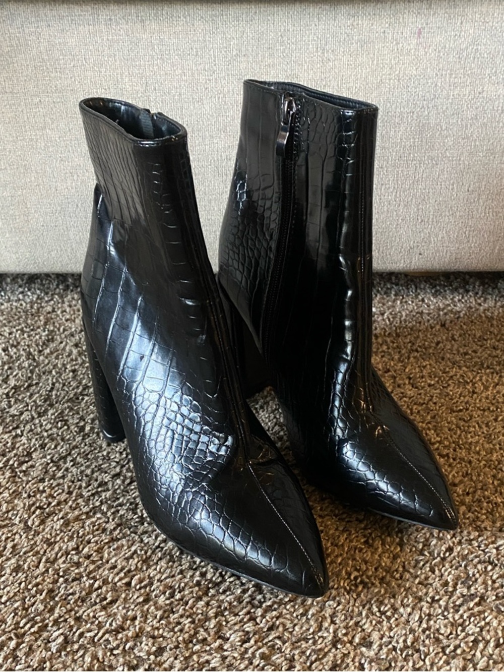 Boohoo Black Croc-Embossed Pointed Toe Block Heel Ankle Boots